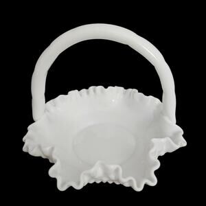 Fenton Milk Glass Hobnail Basket White Ruffled Edge Vintage Handled Bowl